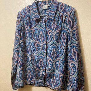 Vintage Pykettes Women's Blue Paisley Hidden Button Shoulder Pad Blouse Size 4
